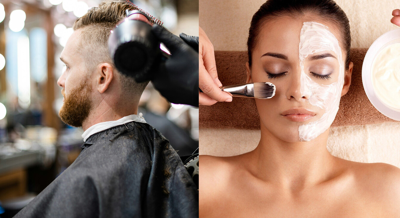 Photo d'un homme se faisant coiffer dans un salon de coiffure à gauche, photo à droite : visage d'une femme qui a les yeux fermés; elle a le visage recouvert de crème