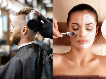 Photo d'un homme se faisant coiffer dans un salon de coiffure à gauche, photo à droite : visage d'une femme qui a les yeux fermés; elle a le visage recouvert de crème